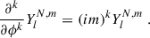 Mathematical equation: $$ \begin{aligned} \frac{\partial {^k}}{\partial {\phi ^k}}Y_{l}^{N,m}=(im)^kY_{l}^{N,m} \ . \end{aligned} $$