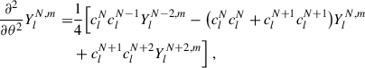 Mathematical equation: $$ \begin{aligned} \frac{\partial {^2}}{\partial {\theta ^2}}Y_{l}^{N,m}=&\frac{1}{4}\Big [c_l^Nc_l^{N-1}Y_{l}^{N-2,m}-\big (c_l^Nc_l^N+c_l^{N+1}c_l^{N+1}\big )Y_{l}^{N,m}\nonumber \\ &+c_l^{N+1}c_l^{N+2}Y_{l}^{N+2,m}\Big ] \ ,\end{aligned} $$