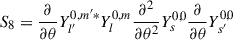 Mathematical equation: $$ \begin{aligned} S_8&=\frac{\partial }{\partial {\theta }}Y_{l^{\prime }}^{0,m^{\prime }*}Y_{l}^{0,m}\frac{\partial {^2}}{\partial {\theta ^2}}Y_{s}^{0,0}\frac{\partial }{\partial {\theta }}Y_{s^{\prime }}^{0,0}\end{aligned} $$