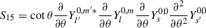 Mathematical equation: $$ \begin{aligned} S_{15}&=\cot \theta \frac{\partial }{\partial {\theta }}Y_{l^{\prime }}^{0,m^{\prime }*}\frac{\partial }{\partial {\theta }}Y_{l}^{0,m}\frac{\partial }{\partial {\theta }}Y_{s}^{0,0}\frac{\partial {^2}}{\partial {\theta ^2}}Y_{s^{\prime }}^{0,0}\end{aligned} $$