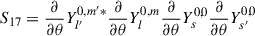 Mathematical equation: $$ \begin{aligned} S_{17}&=\frac{\partial }{\partial {\theta }}Y_{l^{\prime }}^{0,m^{\prime }*}\frac{\partial }{\partial {\theta }}Y_{l}^{0,m}\frac{\partial }{\partial {\theta }}Y_{s}^{0,0}\frac{\partial }{\partial {\theta }}Y_{s^{\prime }}^{0,0}\end{aligned} $$