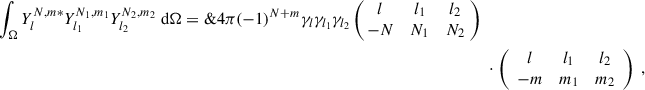 Mathematical equation: $$ \begin{aligned} \int _{\Omega }Y_{l}^{N,m*}Y_{l_1}^{N_1,m_1}Y_{l_2}^{N_2,m_2} \text{ d}\Omega =\&4\pi (-1)^{N+m}\gamma _l\gamma _{l_1}\gamma _{l_2} \left( \begin{array}{ccc} \!\!l&l_1&l_2\!\! \\ \!\!-N&N_1&N_2\!\! \end{array} \right) \nonumber \\ &\ \cdot \left( \begin{array}{ccc} l&l_1&l_2 \\ -m&m_1&m_2 \end{array} \right) \ , \end{aligned} $$
