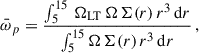 Mathematical equation: $$ \begin{aligned} \bar{\omega }_p = \frac{\int _{5}^{15}\,\Omega _{\rm LT}\, \Omega \, \Sigma (r)\, r^3\,\mathrm{d} r}{\int _{5}^{15} \Omega \, \Sigma (r)\, r^3\,\mathrm{d} r}\,, \end{aligned} $$