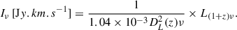 Mathematical equation: $$ \begin{aligned} I_{\nu } \, [\mathrm Jy.km.s^{-1} ] = \frac{1}{1.04 \times 10^{-3} D_{L}^2(z) \nu } \times L_{(1+z)\nu }. \end{aligned} $$