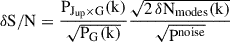 Mathematical equation: $$ \begin{aligned} \delta {\mathrm{S/N} } = \frac{\mathrm{P}_{\mathrm{J}_{\mathrm{up} } \times \mathrm{G}}\mathrm{(k)}}{\sqrt{\mathrm{P}_{\rm G}\mathrm{(k)}}} \frac{\sqrt{2\,\delta \mathrm{N}_{\rm modes}\mathrm{(k)}}}{\sqrt{\mathrm{P}^\mathrm{noise}}} \end{aligned} $$