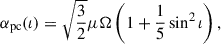 Mathematical equation: $$ \begin{aligned} \alpha _\mathrm{pc} (\iota ) = \sqrt{\frac{3}{2}} \mu \Omega \left( 1 + \frac{1}{5} \sin ^2 \iota \right), \end{aligned} $$
