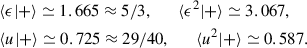 Mathematical equation: $$ \begin{aligned}&\langle \epsilon |+\rangle \simeq 1.665\approx 5/3,\qquad \langle \epsilon ^2|+\rangle \simeq 3.067,\nonumber \\&\langle u|+\rangle \simeq 0.725 \approx 29/40,\qquad \langle u^2|+\rangle \nonumber \simeq 0.587. \end{aligned} $$