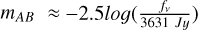 Mathematical equation: $\[m_{A B} \approx -2.5 log(\frac{f_{\nu}}{3631 ~J_{y}})\]$