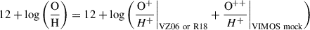 Mathematical equation: $$ \begin{aligned} 12+\log \left(\frac{{\mathrm O}}{\mathrm{H}}\right) = 12 + \log \left( \frac{\mathrm O^{+}}{H^{+}} \bigg |_{\rm VZ06\ or \ R18 } + \frac{\mathrm O^{++}}{H^{+}} \bigg |_{\rm VIMOS\ mock } \right) \end{aligned} $$