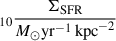 Mathematical equation: $ _{10}\frac{\Sigma_\mathrm{{SFR}}}{M_{\odot}\rm{yr}^{-1}\,\rm{kpc}^{-2}} $