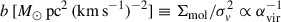 Mathematical equation: $$ \begin{aligned} b \,[M_\odot \,\mathrm{pc} ^2\,(\mathrm {km\,s}^{-1} )^{-2}] \equiv \Sigma _{\rm {mol}}/{\sigma _v^2} \propto \alpha _{\rm {vir}}^{-1} \end{aligned} $$