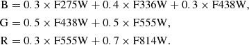 Mathematical equation: $$ \begin{aligned} \mathrm{B}&= 0.3 \times \mathrm{F275W} + 0.4 \times \mathrm{F336W} + 0.3 \times \mathrm{F438W}, \\ \mathrm{G}&= 0.5 \times \mathrm{F438W} + 0.5 \times \mathrm{F555W}, \\ \mathrm{R}&= 0.3 \times \mathrm{F555W} + 0.7 \times \mathrm{F814W.} \end{aligned} $$