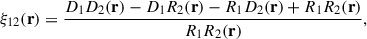 Mathematical equation: $$ \begin{aligned} \xi _{12}(\mathbf r ) = \frac{{D}_1 {D}_2 (\mathbf r ) - {D}_1 {R}_2 (\mathbf r ) - {R}_1 {D}_2 (\mathbf r ) + {R}_1 {R}_2(\mathbf r )}{{R}_1 {R}_2(\mathbf r )}, \end{aligned} $$