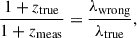 Mathematical equation: $$ \begin{aligned} \frac{1 + z_{\rm {true}}}{1 + z_{\rm {meas}}} = \frac{\lambda _{\rm {wrong}}}{\lambda _{\rm {true}}} , \end{aligned} $$
