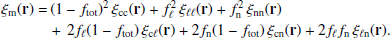 Mathematical equation: $$ \begin{aligned} \xi _{\rm m}(\mathbf r ) =&\, (1-f_{\rm {tot}})^2 \, \xi _{\rm {cc}}(\mathbf r ) + f_{\ell }^2 \, \xi _{\ell \ell }(\mathbf r )+ f_{\rm n}^2 \, \xi _{\rm {nn}}(\mathbf r ) \\ &+ \, 2 f_{\ell }(1-f_{\rm {tot}})\, \xi _{\rm {c}\ell }(\mathbf r ) + 2 f_{\rm n}(1-f_{\rm {tot}})\, \xi _{\rm {cn}}(\mathbf r ) + 2 f_{\ell } f_{\rm n} \, \xi _{\ell \mathrm n}(\mathbf r ) . \end{aligned} $$