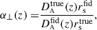 Mathematical equation: $$ \begin{aligned} \alpha _\perp (z) =&\frac{D_{\scriptscriptstyle \mathrm A}^\mathrm{true} (z)r^\mathrm{fid} _\mathrm{s} }{D_{\scriptscriptstyle \mathrm A}^\mathrm{fid} (z)r^\mathrm{true} _\mathrm{s} } ,\end{aligned} $$