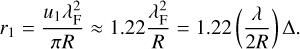 Mathematical equation: r_1= \frac{u_1 \lambda_{\rm F}^2}{\pi R} \approx 1.22 \frac{\lambda_{\rm F}^2}{R} = 1.22 \left( \frac{\lambda}{2R} \right) \Delta.