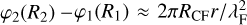 Mathematical equation: $\varphi_2(R_2) - \varphi_1(R_1) \approx 2\pi R_{\rm CF} r/\lambda_{\rm F}^2$