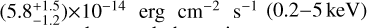 Mathematical equation: $\left( {5.8_{ - 1.2}^{ + 1.5}} \right) \times {10^{ - 14}}{\rm{erg}}\,{\rm{c}}{{\rm{m}}^{ - 2}}{{\rm{s}}^{ - 1}}(0.2 - 5{\rm{keV}})$