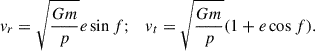 Mathematical equation: $$ \begin{aligned} v_r = \sqrt{\frac{Gm}{p}}e\sin f; \quad v_t = \sqrt{\frac{Gm}{p}}(1+e\cos f). \end{aligned} $$