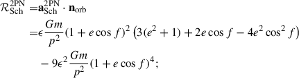 Mathematical equation: $$ \begin{aligned} {\mathcal{R} }_{\mathrm{Sch} }^{\mathrm{2PN} } =&\mathbf a _{\mathrm{Sch} }^{\mathrm{2PN} } \cdot \mathbf n _{\mathrm{orb} }\nonumber \\ =&\epsilon \frac{G m}{p^{2}} (1+e\cos f)^{2} \left(3(e^{2}+1)+2e\cos f-4e^{2}\cos ^{2} f \right)\nonumber \\&-9\epsilon ^{2}\frac{Gm}{p^{2}}(1+e\cos f)^4; \end{aligned} $$