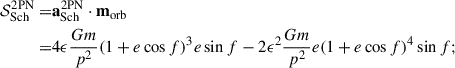 Mathematical equation: $$ \begin{aligned} \mathcal{S} _{\mathrm{Sch} }^{\mathrm{2PN} } =&\mathbf a _{\mathrm{Sch} }^{\mathrm{2PN} } \cdot \mathbf m _{\mathrm{orb} }\nonumber \\ =&4\epsilon \frac{G m}{p^{2}} (1+e\cos f)^3 e\sin f -2\epsilon ^{2}\frac{Gm}{p^{2}}e(1+e\cos f)^4\sin f;\end{aligned} $$