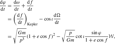 Mathematical equation: $$ \begin{aligned} \frac{\mathrm{d}\varphi }{\mathrm{d}t}&= \frac{\mathrm{d}\omega }{\mathrm{d}t} + \frac{\mathrm{d}f}{\mathrm{d}t}\nonumber \\&= \left(\frac{\mathrm{d}f}{\mathrm{d}t}\right)_{\mathrm{Kepler} } - \cos \iota \frac{\mathrm{d}\Omega }{\mathrm{d}t}\nonumber \\&= \sqrt{\frac{Gm}{p^3}}(1+e\cos f)^{2} - \sqrt{\frac{p}{Gm}} \cot \iota \frac{\sin \varphi }{1+e\cos f} \mathcal{W} , \end{aligned} $$