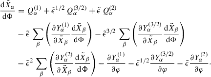 Mathematical equation: $$ \begin{aligned} \frac{\mathrm{d} \tilde{X}_\alpha }{\mathrm{d} \Phi }&= Q_\alpha ^{(1)} + {\tilde{\epsilon }}^{1/2} \, Q_\alpha ^{(3/2)} + \tilde{\epsilon } \, Q_\alpha ^{(2)}\nonumber \\&- \tilde{\epsilon } \, \sum _\beta \left(\frac{\partial Y^{(1)}_\alpha }{\partial \tilde{X}_\beta } \frac{\mathrm{d} \tilde{X}_\beta }{\mathrm{d} \Phi }\right) - {\tilde{\epsilon }}^{3/2} \, \sum _\beta \left(\frac{\partial Y^{(3/2)}_\alpha }{\partial \tilde{X}_\beta } \frac{\mathrm{d} \tilde{X}_\beta }{\mathrm{d} \Phi }\right)\nonumber \\&- {\tilde{\epsilon }}^{2} \,\sum _\beta \left(\frac{\partial Y^{(2)}_\alpha }{\partial \tilde{X}_\beta } \frac{\mathrm{d} \tilde{X}_\beta }{\mathrm{d} \Phi }\right) - \frac{\partial Y^{(1)}_\alpha }{\partial \varphi } - {\tilde{\epsilon }}^{1/2} \frac{\partial Y^{(3/2)}_\alpha }{\partial \varphi } - \tilde{\epsilon } \frac{\partial Y^{(2)}_\alpha }{\partial \varphi }\cdot \end{aligned} $$