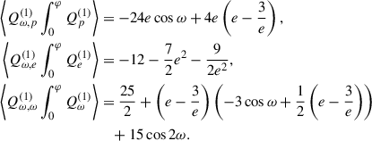 Mathematical equation: $$ \begin{aligned} \left\langle Q_{\omega ,p}^{(1)} \int _0^\varphi Q_p^{(1)} \right\rangle&= -24 e \cos \omega + 4 e \left( e - \frac{3}{e} \right),\nonumber \\ \left\langle Q_{\omega ,e}^{(1)} \int _0^\varphi Q_e^{(1)} \right\rangle&= -12 - \frac{7}{2}e^{2} - \frac{9}{2 e^{2}},\nonumber \\ \left\langle Q_{\omega ,\omega }^{(1)} \int _0^\varphi Q_\omega ^{(1)} \right\rangle&= \frac{25}{2}+ \left(e - \frac{3}{e}\right) \left(-3 \cos \omega + \frac{1}{2} \left(e - \frac{3}{e}\right)\right)\nonumber \\&\;\;\; + 15 \cos 2\omega . \end{aligned} $$