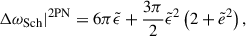 Mathematical equation: $$ \begin{aligned}&\Delta \omega _{\mathrm{Sch} }|^\mathrm{2PN} = 6\pi \tilde{\epsilon } + \frac{3\pi }{2} {\tilde{\epsilon }}^{2} \left(2 + {\tilde{e}}^{2}\right), \end{aligned} $$