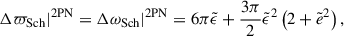 Mathematical equation: $$ \begin{aligned}&\Delta \varpi _{\mathrm{Sch} }|^\mathrm{2PN} = \Delta \omega _{\mathrm{Sch} }|^\mathrm{2PN} = 6\pi \tilde{\epsilon } + \frac{3\pi }{2} {\tilde{\epsilon }}^{2} \left(2 + {\tilde{e}}^{2} \right), \end{aligned} $$