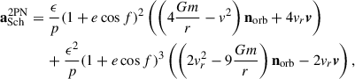 Mathematical equation: $$ \begin{aligned}&\mathbf a _{\mathrm{Sch} }^{\mathrm{2PN} } = \frac{\epsilon }{p}(1+e\cos f)^{2} \left(\left(4\frac{Gm}{r}-v^{2}\right)\mathbf n _{\mathrm{orb} } + 4v_r\boldsymbol{v}\right)\nonumber \\&\qquad \qquad + \frac{\epsilon ^{2}}{p}(1+e\cos f)^3\left(\left(2v_r^{2}-9\frac{Gm}{r}\right) \mathbf n _{\mathrm{orb} }-2v_r\boldsymbol{v}\right), \end{aligned} $$