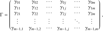 Mathematical equation: $\[\Gamma=\left(\begin{array}{cccccc}\gamma_{01} & \gamma_{02} & \cdots & \gamma_{0 j} & \cdots & \gamma_{0 m} \\\gamma_{11} & \gamma_{12} & \cdots & \gamma_{1 j} & \cdots & \gamma_{1 m} \\\gamma_{21} & \gamma_{22} & \cdots & \gamma_{2 j} & \cdots & \gamma_{2 m} \\\vdots & \vdots & \vdots & \vdots & \ddots & \vdots \\\gamma_{m-1,1} & \gamma_{m-1,2} & \cdots & \gamma_{m-1, j} & \cdots & \gamma_{m-1, m}\end{array}\right),\]$