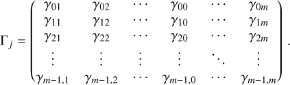 Mathematical equation: $\[\Gamma_j=\left(\begin{array}{cccccc}\gamma_{01} & \gamma_{02} & \cdots & \gamma_{00} & \cdots & \gamma_{0 m} \\\gamma_{11} & \gamma_{12} & \cdots & \gamma_{10} & \cdots & \gamma_{1 m} \\\gamma_{21} & \gamma_{22} & \cdots & \gamma_{20} & \cdots & \gamma_{2 m} \\\vdots & \vdots & \vdots & \vdots & \ddots & \vdots \\\gamma_{m-1,1} & \gamma_{m-1,2} & \cdots & \gamma_{m-1,0} & \cdots & \gamma_{m-1, m}\end{array}\right).\]$