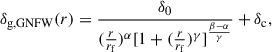 Mathematical equation: $$ \begin{aligned} \delta _{\rm g,GNFW} (r) = \frac{\delta _{0}}{(\frac{r}{r_{\rm f}})^{\alpha }[1+(\frac{r}{r_{\rm f}})^{\gamma }]^{\frac{\beta -\alpha }{\gamma }}} + \delta _{\rm c}, \end{aligned} $$
