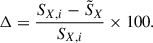 Mathematical equation: $$ \begin{aligned} \Delta = \frac{S_{X, i} - \tilde{S}_{X} }{ S_{X, i} } \times 100. \end{aligned} $$