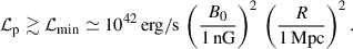 Mathematical equation: $$ \begin{aligned} \mathcal{L} _{\rm p} \gtrsim \mathcal{L} _{\rm min} \simeq 10^{42} \, \mathrm{erg/s} \, \left( \frac{B_0}{1 \, \mathrm{nG}} \right)^2 \, \left( \frac{R}{1 \, \mathrm{Mpc}} \right)^2. \end{aligned} $$