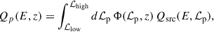 Mathematical equation: $$ \begin{aligned} Q_p(E,z) = \int _{\mathcal{L} _{\rm low}}^{\mathcal{L} _{\rm high}} d\mathcal{L} _{\rm p} \, \Phi (\mathcal{L} _{\rm p},z) \, Q_{\rm src}(E, \mathcal{L} _{\rm p}), \end{aligned} $$