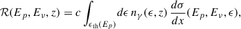 Mathematical equation: $$ \begin{aligned} \mathcal{R} (E_p, E_\nu , z) = c \int _{\epsilon _{\rm th}(E_p)} \! d\epsilon \, n_\gamma (\epsilon , z) \, \frac{d\sigma }{dx}(E_p, E_\nu , \epsilon ), \end{aligned} $$