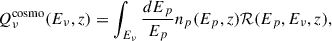 Mathematical equation: $$ \begin{aligned} Q_\nu ^\mathrm{cosmo} (E_\nu ,z) = \int _{E_\nu } \frac{dE_p}{E_p} n_p(E_p,z)\mathcal{R} (E_p,E_\nu ,z), \end{aligned} $$