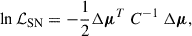 Mathematical equation: $$ \begin{aligned} \ln \mathcal{L} _{\rm SN} = -\frac{1}{2} \Delta \boldsymbol{\mu }^T~C^{-1}~\Delta \boldsymbol{\mu } , \end{aligned} $$