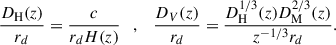 Mathematical equation: $$ \begin{aligned} \frac{D_{\rm H}(z)}{r_d} = \frac{c}{r_d H(z)} \quad ,\quad \frac{D_V(z)}{r_d} = \frac{D^{1/3}_{\rm H}(z) D_{\rm M}^{2/3}(z)}{z^{-1/3}r_d}. \end{aligned} $$
