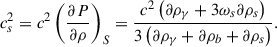 Mathematical equation: $$ \begin{aligned} c^{2}_{s} = c^{2}\left( \frac{\partial P}{\partial \rho } \right)_S = \frac{c^{2}\left(\partial \rho _\gamma + 3 \omega _s \partial \rho _s\right)}{3\left(\partial \rho _\gamma + \partial \rho _b + \partial \rho _s\right)}. \end{aligned} $$