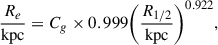 Mathematical equation: $$ \begin{aligned} \frac{R_{e}}{\mathrm{kpc}} = C_g \times 0.999 \bigg (\frac{R_{1/2}}{\mathrm{kpc}}\bigg )^{0.922}, \end{aligned} $$