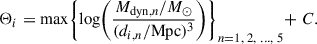Mathematical equation: $$ \begin{aligned} \Theta _{i} = \mathrm{max}\Biggl \{{\log } \Bigg (\frac{M_{\mathrm{dyn} ,n}/M_\odot }{(d_{i,n}/\mathrm{Mpc})^3}\Bigg )\Biggl \}_{n = 1,\; 2,\; \ldots ,\; 5} +\;C. \end{aligned} $$