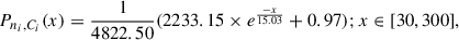 Mathematical equation: $$ \begin{aligned} P_{n_i,C_i}(x) = \frac{1}{4822.50} (2233.15 \times e^\frac{-x}{15.03} + 0.97);x \in [30, 300], \end{aligned} $$