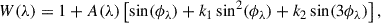 Mathematical equation: $$ \begin{aligned} W(\lambda ) = 1 + A(\lambda ) \left[\sin (\phi _\lambda ) + k_1 \sin ^2 (\phi _\lambda ) + k_2 \sin (3\phi _\lambda )\right], \end{aligned} $$