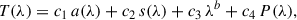 Mathematical equation: $$ \begin{aligned} T(\lambda ) = c_1\,a(\lambda ) + c_2\,s(\lambda ) + c_3\,\lambda ^b + c_4\,P(\lambda ), \end{aligned} $$