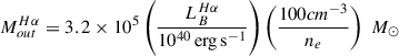 Mathematical equation: $$ \begin{aligned} M_{out}^{H\alpha }= 3.2 \times 10^{5}\left( \frac{L_{B}^{H\alpha }}{10^{40}\,\mathrm{erg\,s}^{-1}} \right)\left( \frac{100 cm^{-3}}{n_{e}} \right)\; M_{\odot } \end{aligned} $$