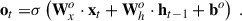 Mathematical equation: $$ \begin{aligned} \mathbf o_t =&\sigma \left(\mathbf W^o_x \cdot \mathbf x_t + \mathbf W^o_h \cdot \mathbf h_{t-1} + \mathbf b^o \right) \;. \end{aligned} $$